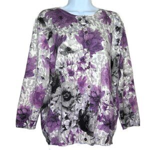 New Alfred Dunner Floral Cardigan Sweater Beaded 3/4 Sleeve Cotton Blend Sz M